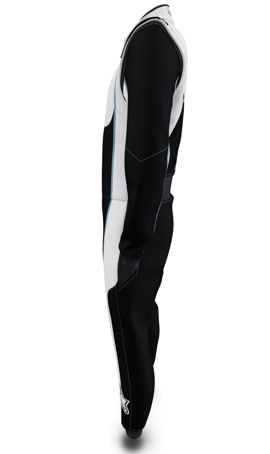 Alpinestars Tech Vision V3 Adjusted Length Custom Suit in Black and White with blue accents, FIA racing suit, side profile.