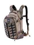 Alpinestars AT-15 Back Pack, Aluminum Walnut, 15L expandable adventure motorcycle backpack, front 3/4 view featuring All Terra logo, black grid panel, red zipper accents, and ergonomic shoulder straps, rugged off-road design