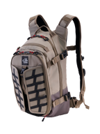 Alpinestars AT-15 Back Pack, Aluminum Walnut, 15L expandable adventure motorcycle backpack, front 3/4 view featuring All Terra logo, black grid panel, red zipper accents, and ergonomic shoulder straps, rugged off-road design