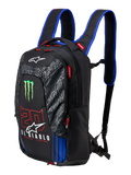 Alpinestars FQ20 City Hunter V2 Monster Backpack, black motorcycle backpack with blue shoulder straps, featuring green Monster Energy claw logo, red '20' and white 'El Diablo' branding, technical urban riding gear with tapered profile.