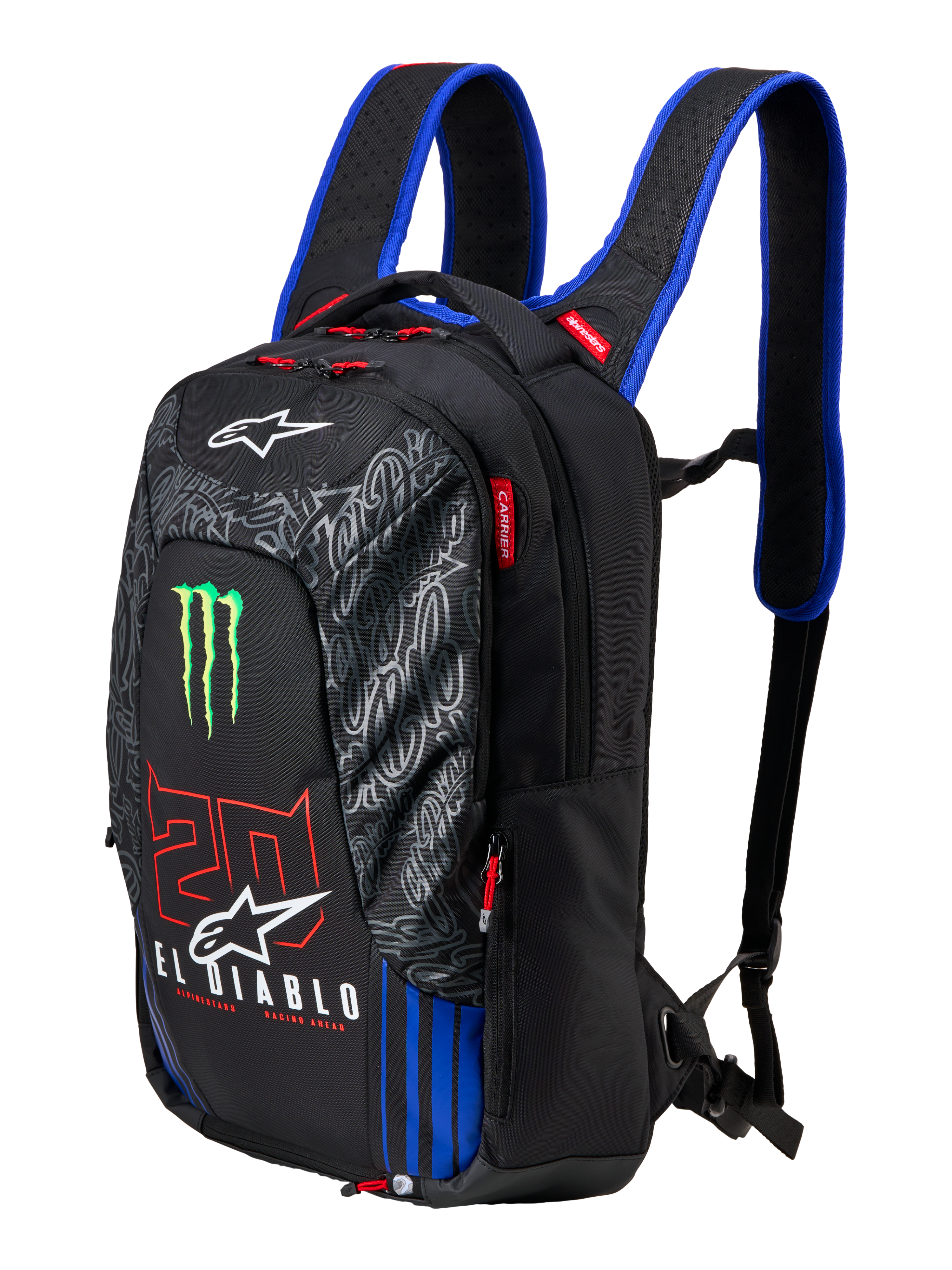 Alpinestars FQ20 City Hunter V2 Monster Backpack, black motorcycle backpack with blue shoulder straps, featuring green Monster Energy claw logo, red '20' and white 'El Diablo' branding, technical urban riding gear with tapered profile.