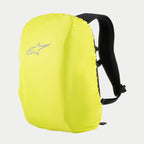 Alpinestars AMP3 Backpack, Fluorescent Yellow Rain Cover, featuring silver Alpinestars logo, black adjustable shoulder straps, waterproof protective accessory for motorcycle gear