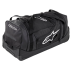 Alpinestars Komodo Travel Bag, large capacity gear bag, Black with white Alpinestars logos, featuring heavy-duty wheels, reinforced handles, and multiple zippered compartments for organized racing gear storage