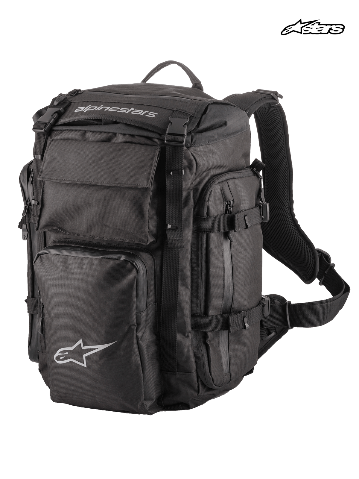 Alpinestars Rover Overland Backpack, adventure touring motorcycle backpack, black, featuring a 39-liter capacity, roll-top design, compressible front compartment, and durable textile construction