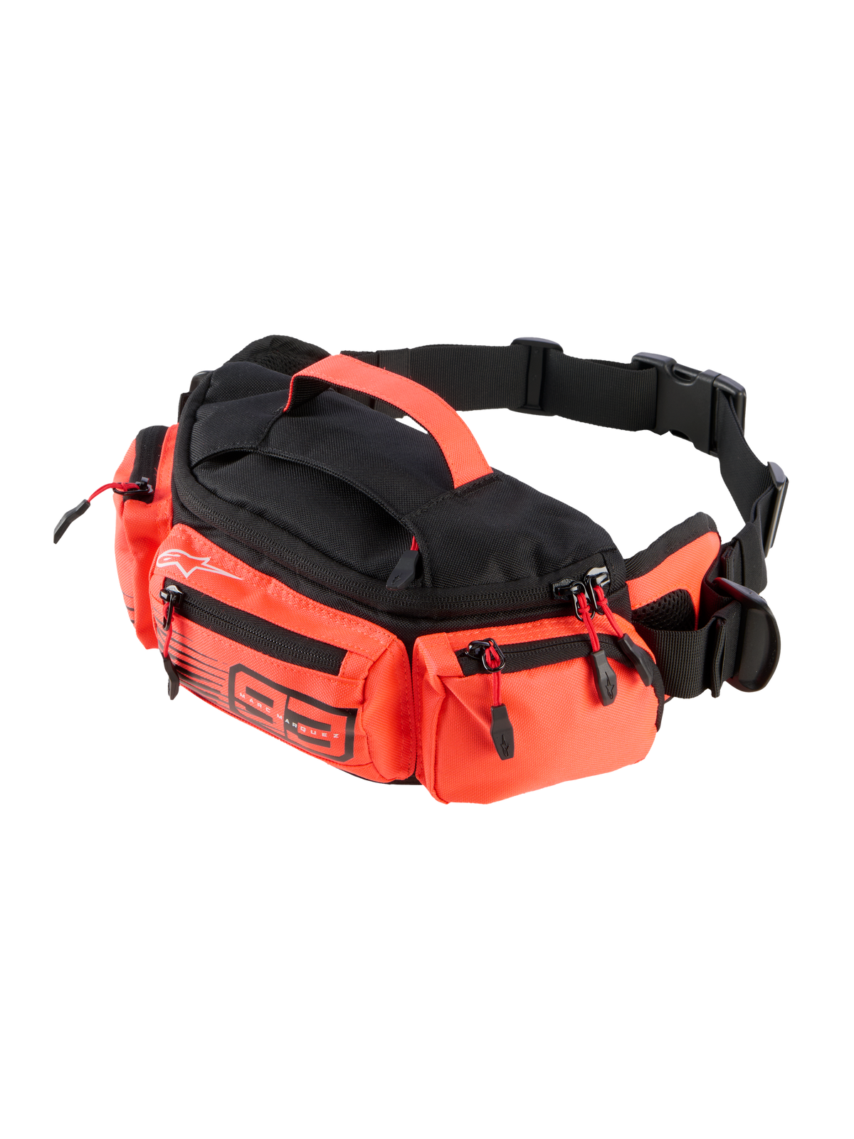 Alpinestars MM93 Waist Bag, Black and Red Fluo, practical motorcycle hip pack with multiple zippered compartments, top handle, and adjustable black strap, featuring Marc Marquez 93 branding and durable water-resistant construction.