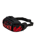 Alpinestars MM93 Waist Bag, Motorcycle Hip Pack, Black with Red Fluo and Bright Red, featuring stylized red 93 logo on front, multiple zippered storage compartments with red pulls, adjustable black waist strap with buckle, durable textile construction