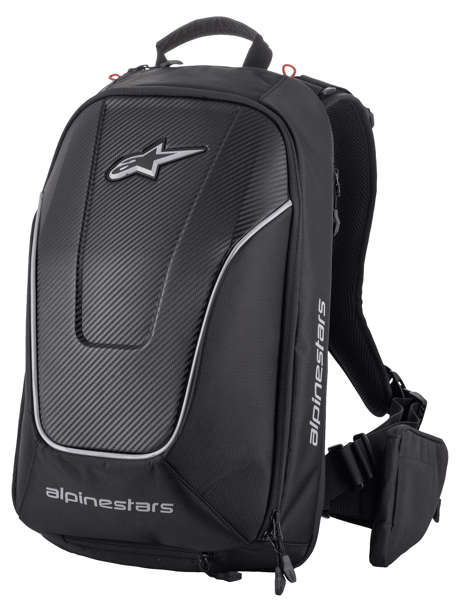 Alpinestars Charger Pro Backpack, Black, Aerodynamic semi-rigid motorcycle backpack, Carbon fiber textured front panel with reflective silver piping, White Alpinestars logos, Padded shoulder straps and removable waist belt pouch, Sporty riding design