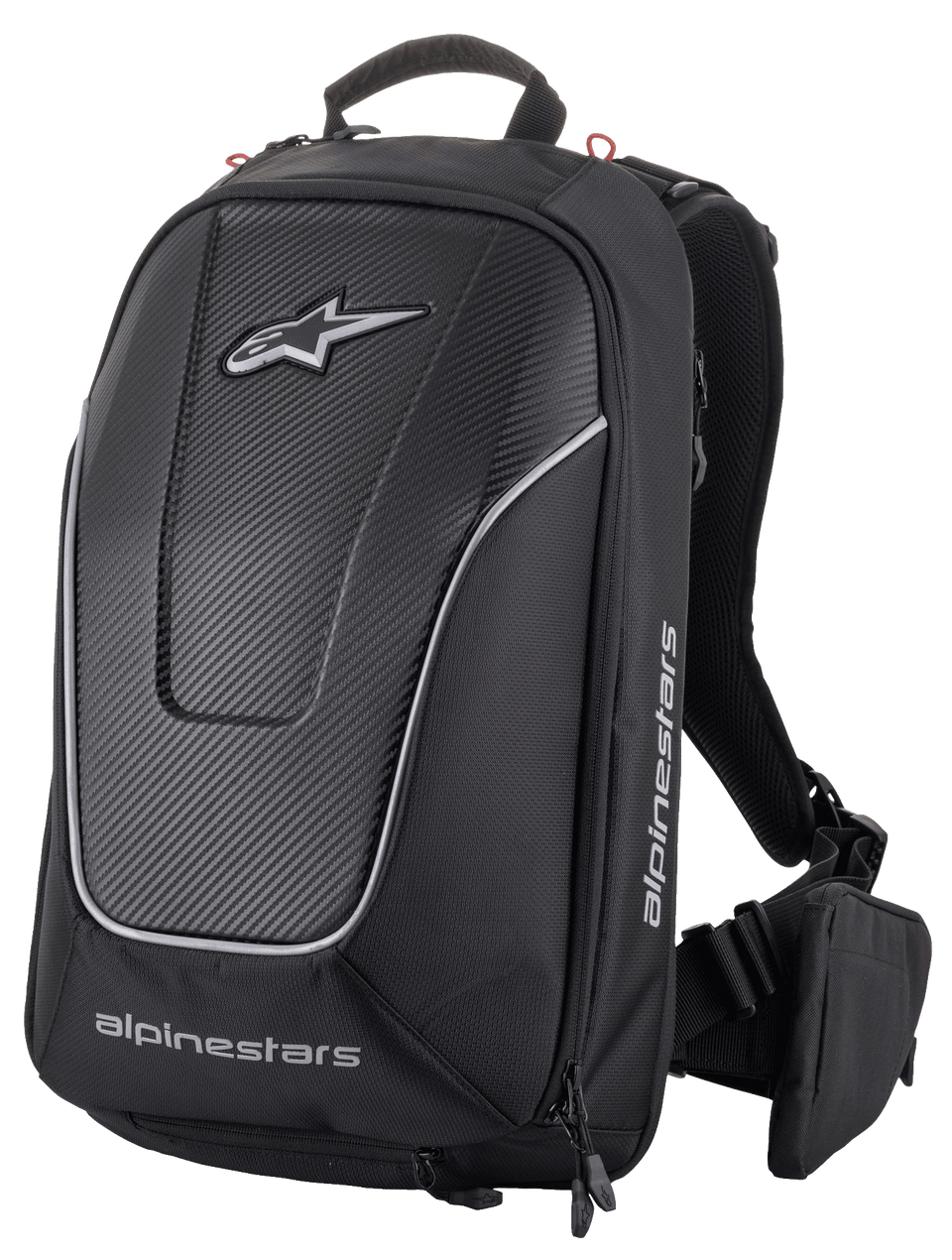 The black Charger Pro Backpack from Alpinestars EU features a sleek, aerodynamic design with prominent logos on the front and side. It includes padded shoulder straps, an adjustable harness, and an additional side pouch, crafted with a combination of textured and smooth materials.