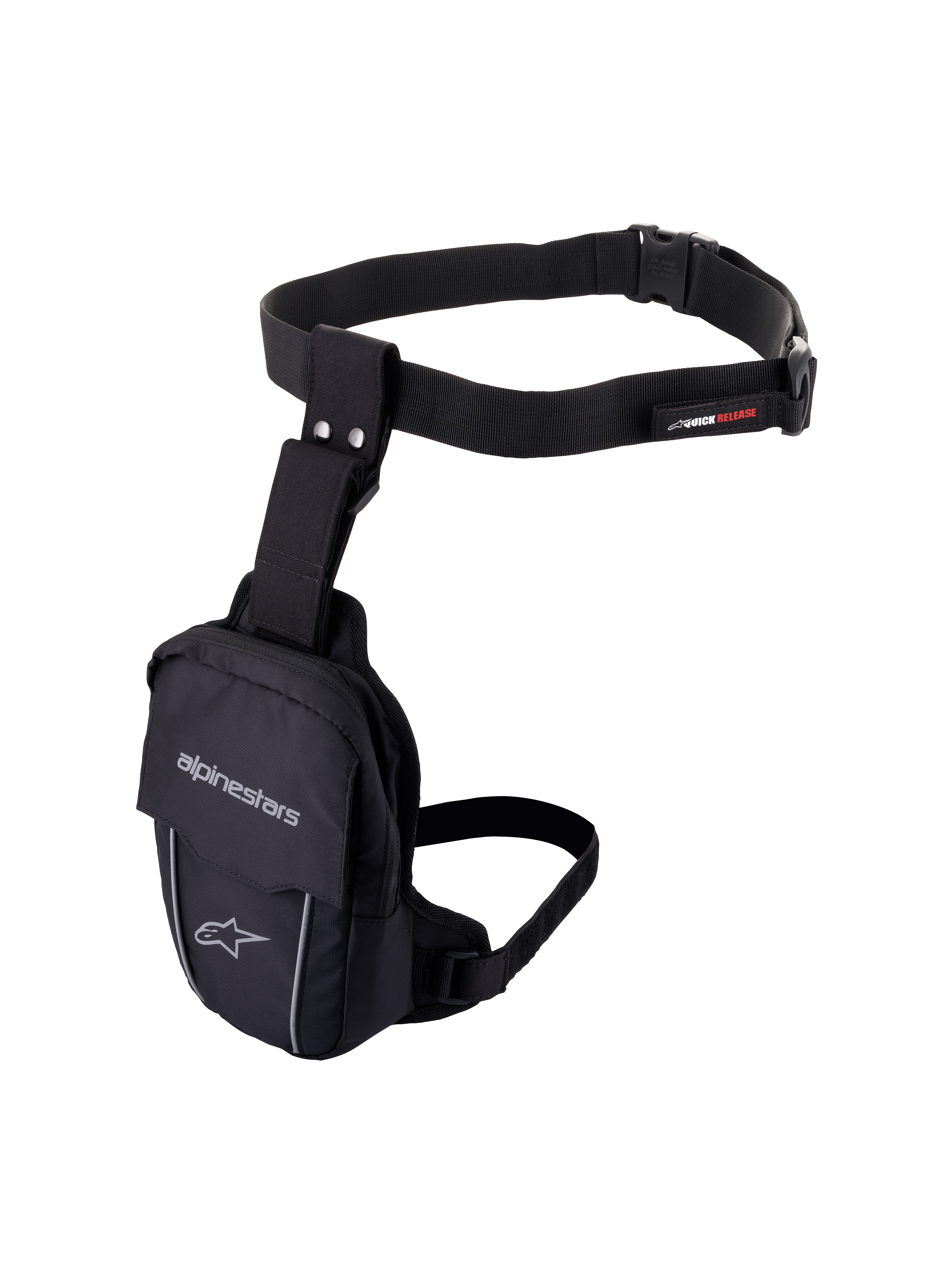 Alpinestars Access Thigh Bag, Black motorcycle leg bag, durable textile construction with adjustable waist belt and thigh strap, featuring Alpinestars branding, reflective piping, and quick-release buckle, ergonomic design for on-bike storage of small essentials.