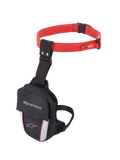 Alpinestars Access Thigh Bag, Motorcycle Thigh Bag, Black Red and White, featuring a red adjustable waist strap with quick-release buckle, black thigh strap, Alpinestars branding on the front flap, and reflective white panels with red accents for visibility.