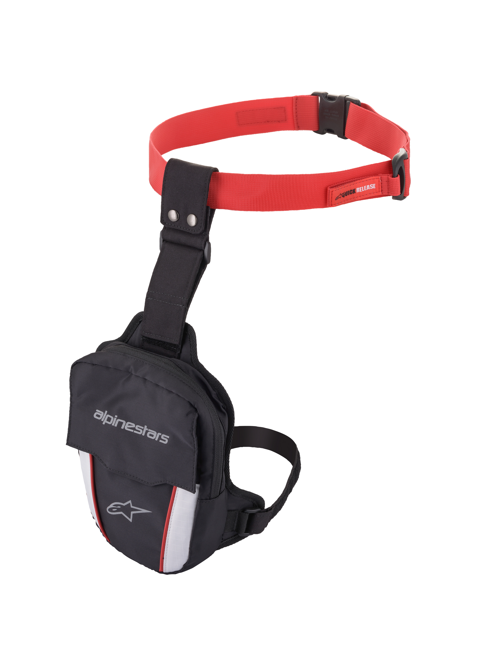 Alpinestars Access Thigh Bag, Motorcycle Thigh Bag, Black Red and White, featuring a red adjustable waist strap with quick-release buckle, black thigh strap, Alpinestars branding on the front flap, and reflective white panels with red accents for visibility.