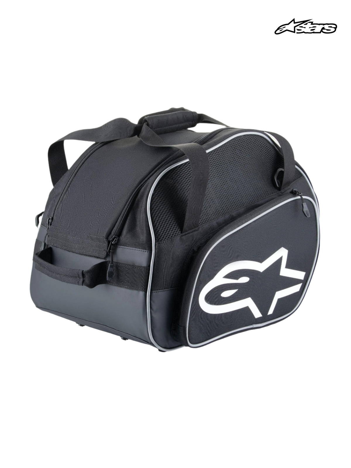 Alpinestars Flow V3 Helmet Bag, auto racing helmet and HANS device bag, black and white, lightweight polyester construction with side pocket, rigid base, and white Alpinestars logo