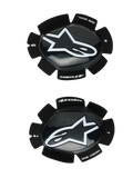 Alpinestars GP Plus Knee Sliders, Motorcycle Racing Knee Pucks, Black and White, glossy finish with white star logo, velcro attachment system, featuring "One Goal One Vision" branding, left and right set