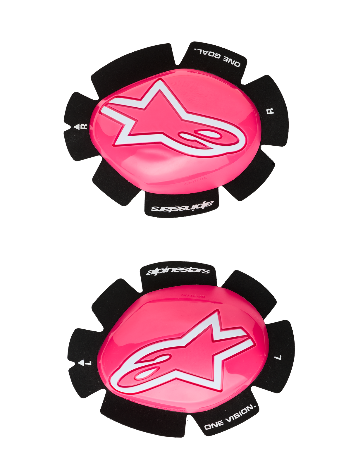 Alpinestars GP Plus Knee Slider, Motorcycle Racing Knee Sliders, Pink Fluo and White, set of left and right sliders, glossy pink surface with white star logos, black backing featuring 'One Goal One Vision' text, durable plastic construction for track and road use