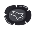 Alpinestars GP Sport Evo Knee Sliders, Black and White motorcycle racing knee sliders, featuring a white star logo on a dark gray center puck, five-petal contoured design with "ONE GOAL ONE VISION" brand text, durable TPU protection for track and sport riding