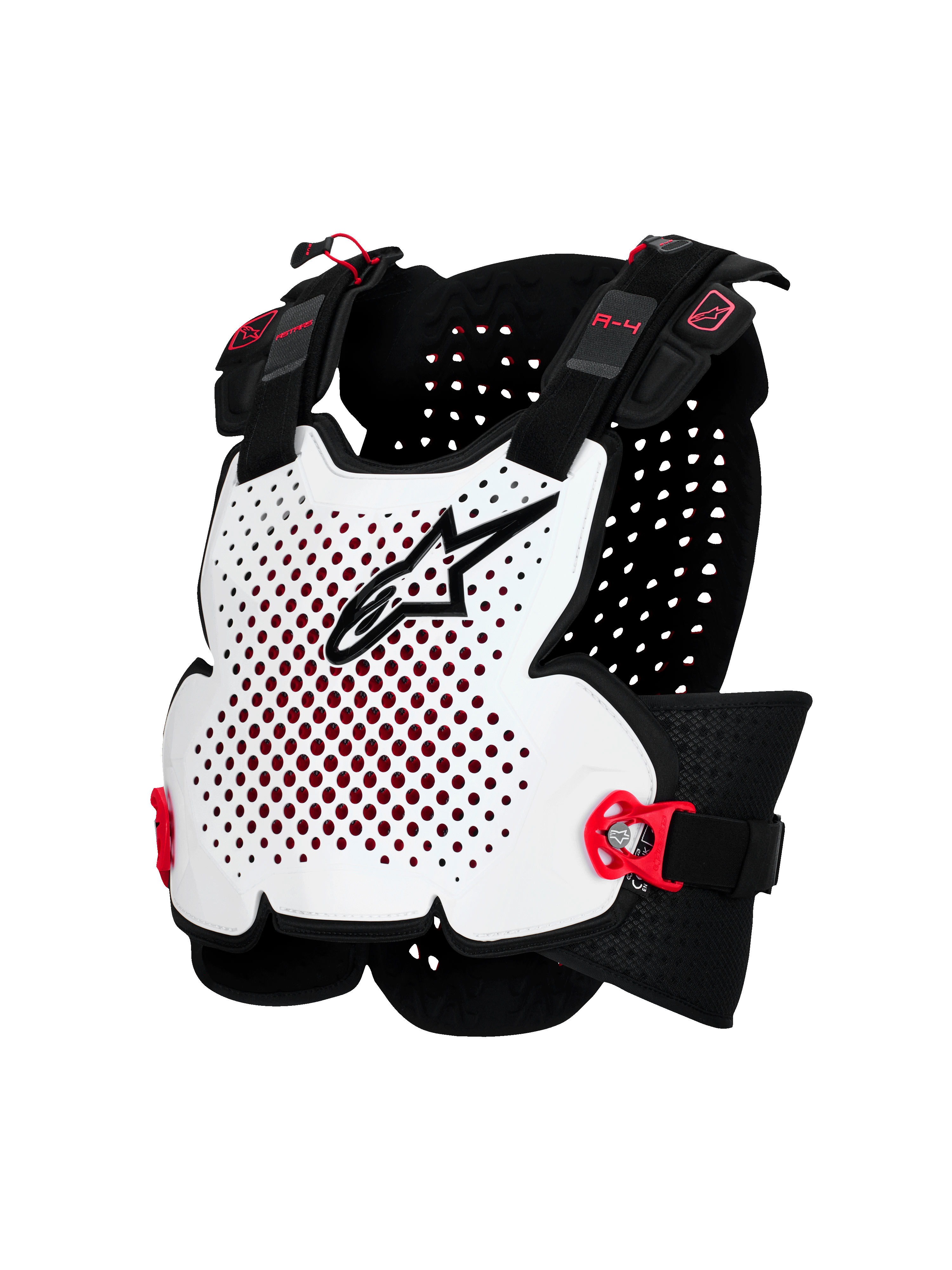 Alpinestars A-4 Plasma Chest Protector, Motorcycle Body Armor, White with Black and Red Accents, Ventilated Hard Shell Design, Adjustable Side Straps, Lightweight Off-Road Protection