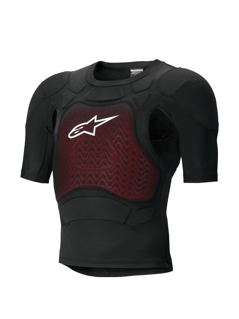 Alpinestars Bionic Plasma LT Protection Jacket - Short Sleeve, Black and Red, motorcycle body armor with CE-certified protective padding, lightweight breathable mesh chassis, featuring a red textured chest panel and white Alpinestars logo