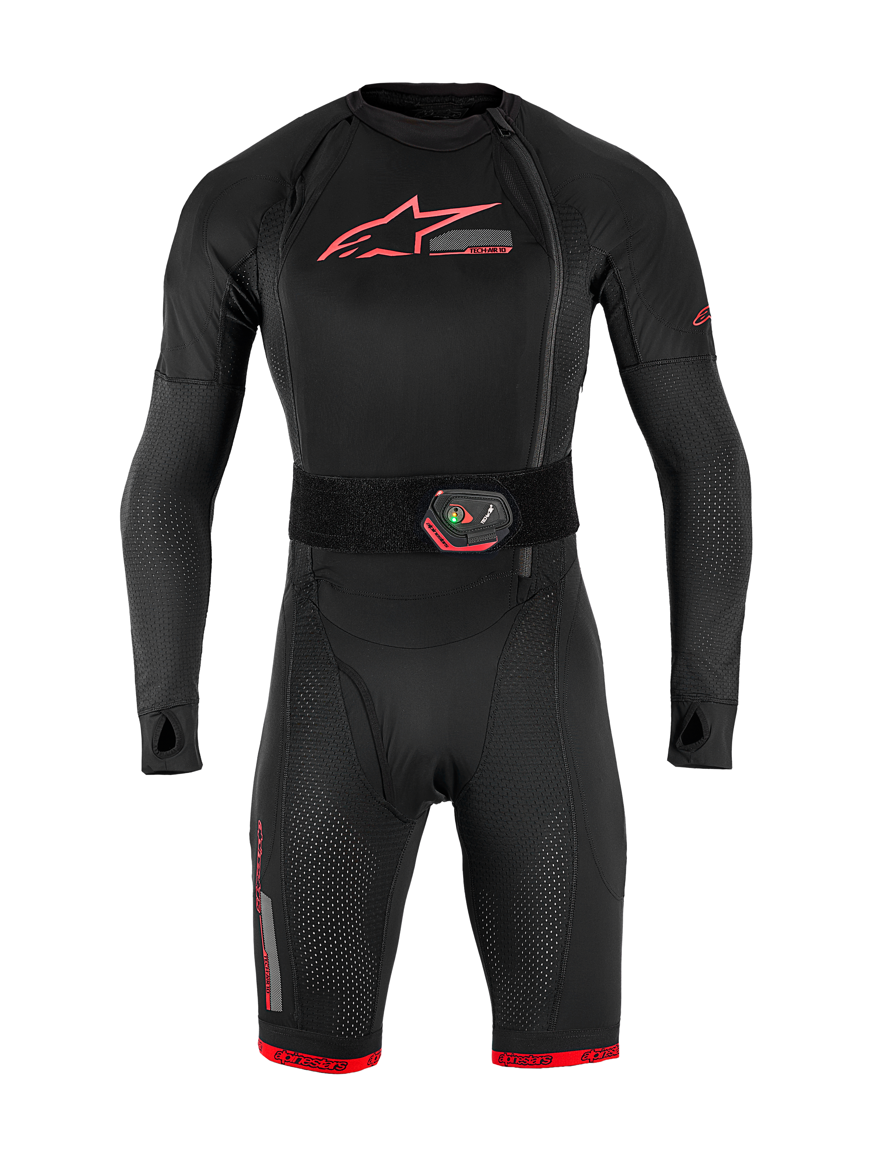 Tech-Air® 10 V2 Race Airbag System, black full-body base layer with red accents and integrated LED activation belt.