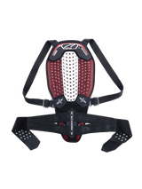 Alpinestars Nucleon Plasma Back Protector, Motorcycle Back Protector, Black White and Red, featuring a white ventilated central spinal zone and red mesh interior, adjustable black shoulder straps and waist belt, ergonomic lightweight design for impact protection