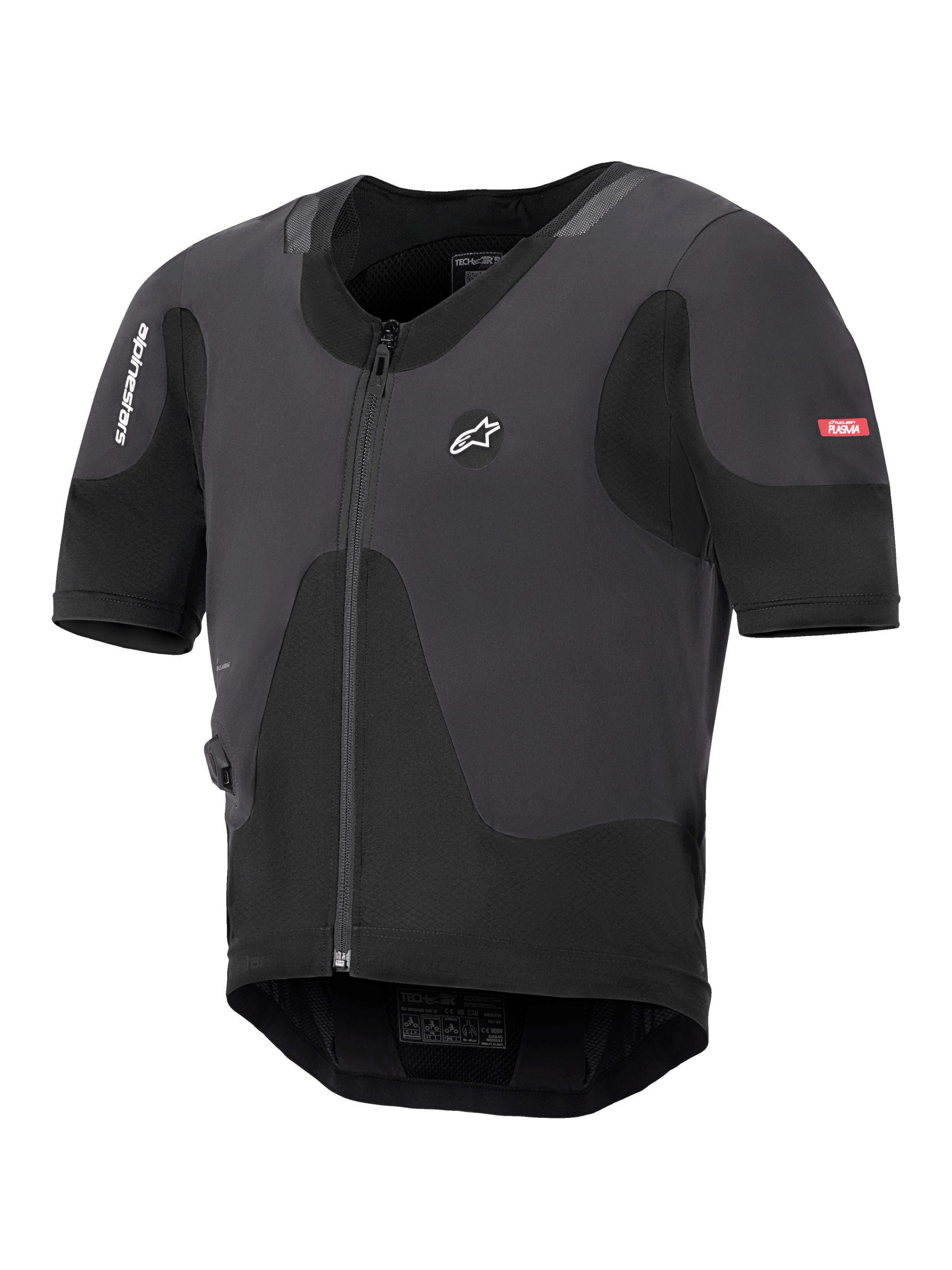 Alpinestars Tech-Air 5 Plasma System, Black Motorcycle Airbag Vest, slim profile with front zipper and short sleeves, featuring breathable mesh panels and Alpinestars branding, designed for under-jacket protection.