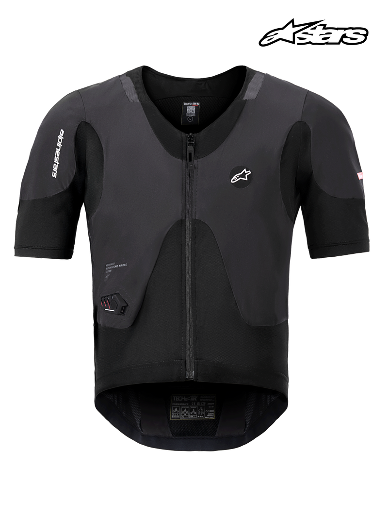 Alpinestars Tech-Air® 5 Plasma System, motorcycle airbag undergarment, black, CE certified upper body protection with breathable mono-layer stretch mesh and integrated Nucleon PLASMA back protector, front view
