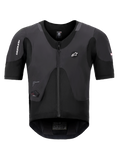 Alpinestars Tech-Air 5 Plasma System, Black Airbag Vest, front view showing short sleeves and central zipper, features Alpinestars branding and an integrated LED status display, ultra-slim protective undergarment for motorcycle safety