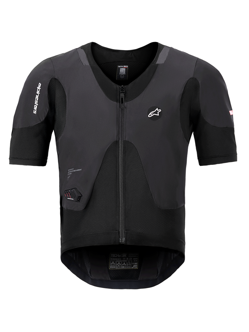 Alpinestars Tech-Air 5 Plasma System, Black Airbag Vest, front view showing short sleeves and central zipper, features Alpinestars branding and an integrated LED status display, ultra-slim protective undergarment for motorcycle safety