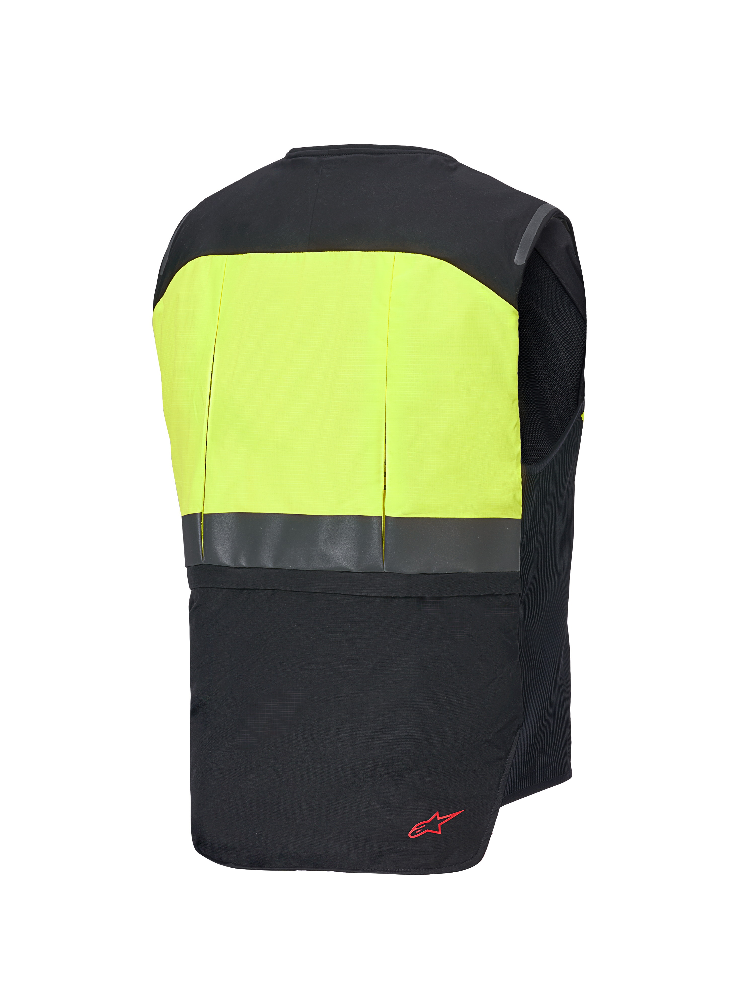 Alpinestars Tech-Air® 3 V2 System, Motorcycle Airbag Vest, Rear View, Black and Yellow Fluo, featuring high-visibility yellow upper back panel with reflective horizontal strip and red logo detail