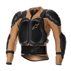 Alpinestars Bionic Action V2 Protection Jacket, Motorcycle Body Armor, Sand and Black with Tangerine accents, featuring honeycomb-patterned Cell Technology chest and shoulder plates, breathable mesh construction, integrated waist belt and adjustable straps, CE certified for motocross and off-road riding