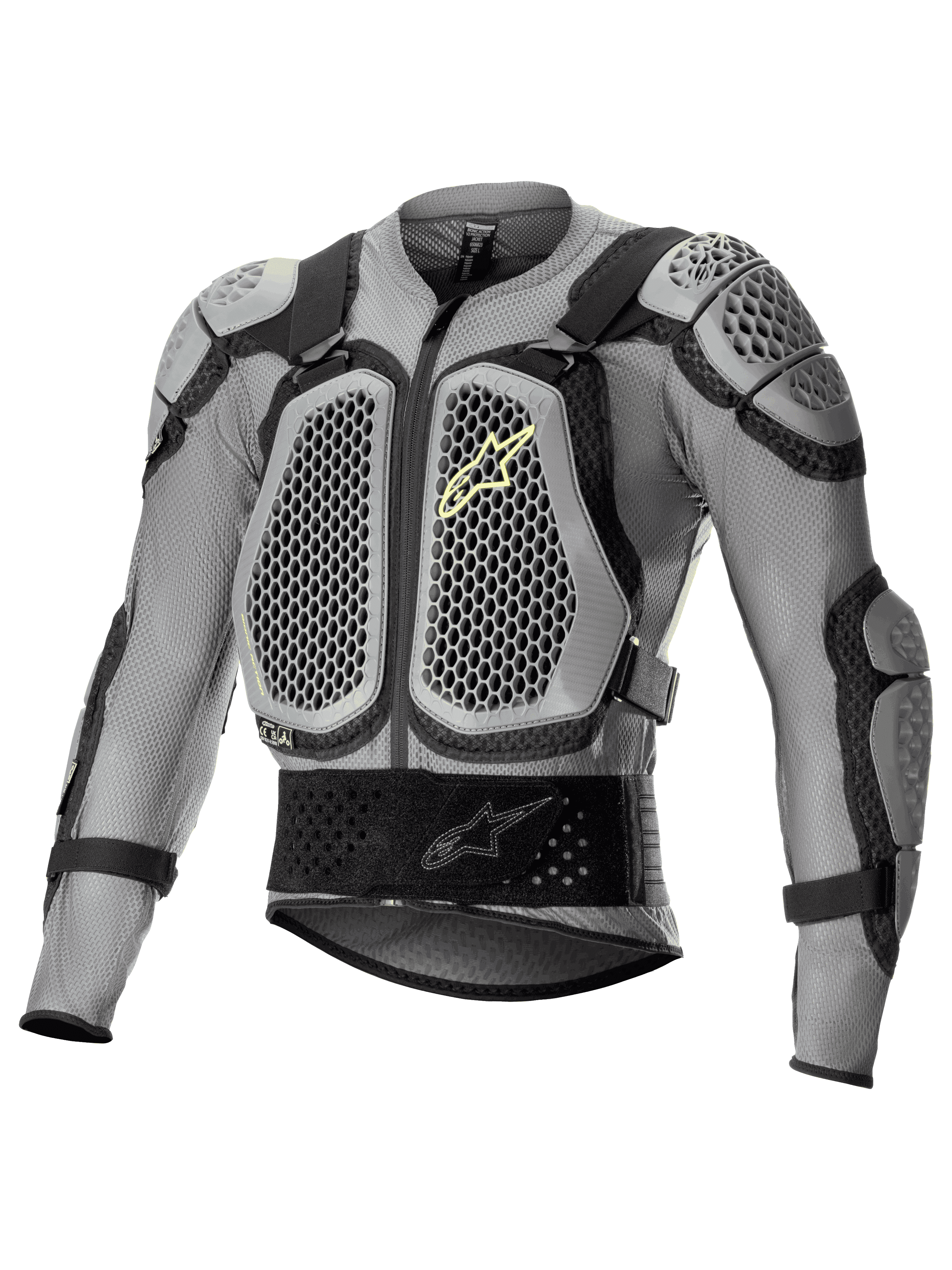 Alpinestars Bionic Action V2 Protection Jacket, Off-Road Motorcycle Body Armor, Gray and Black with Yellow Fluo accents, featuring honeycomb-patterned Cell Technology chest and shoulder protection, breathable mesh construction, adjustable straps, and a secure waist belt for motocross and enduro riding.