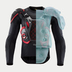 Tech-Air® Off-Road System, split view of black/red protection jacket with an inflated blue airbag overlay.