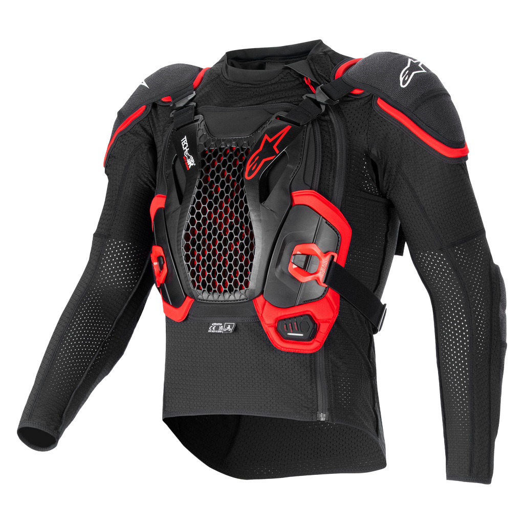 Tech-Air® Off-Road System, black and red motorcycle airbag jacket with honeycomb chest protector and breathable mesh.