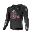Alpinestars Bionic XTR Plasma Protection Jacket, Black with Red and White accents, Motorcycle Body Armor, breathable mesh-textured chassis, ventilated chest plate with red Nucleon PLASMA inserts, white star logos on sleeves, adjustable side buckles, high-impact off-road gear