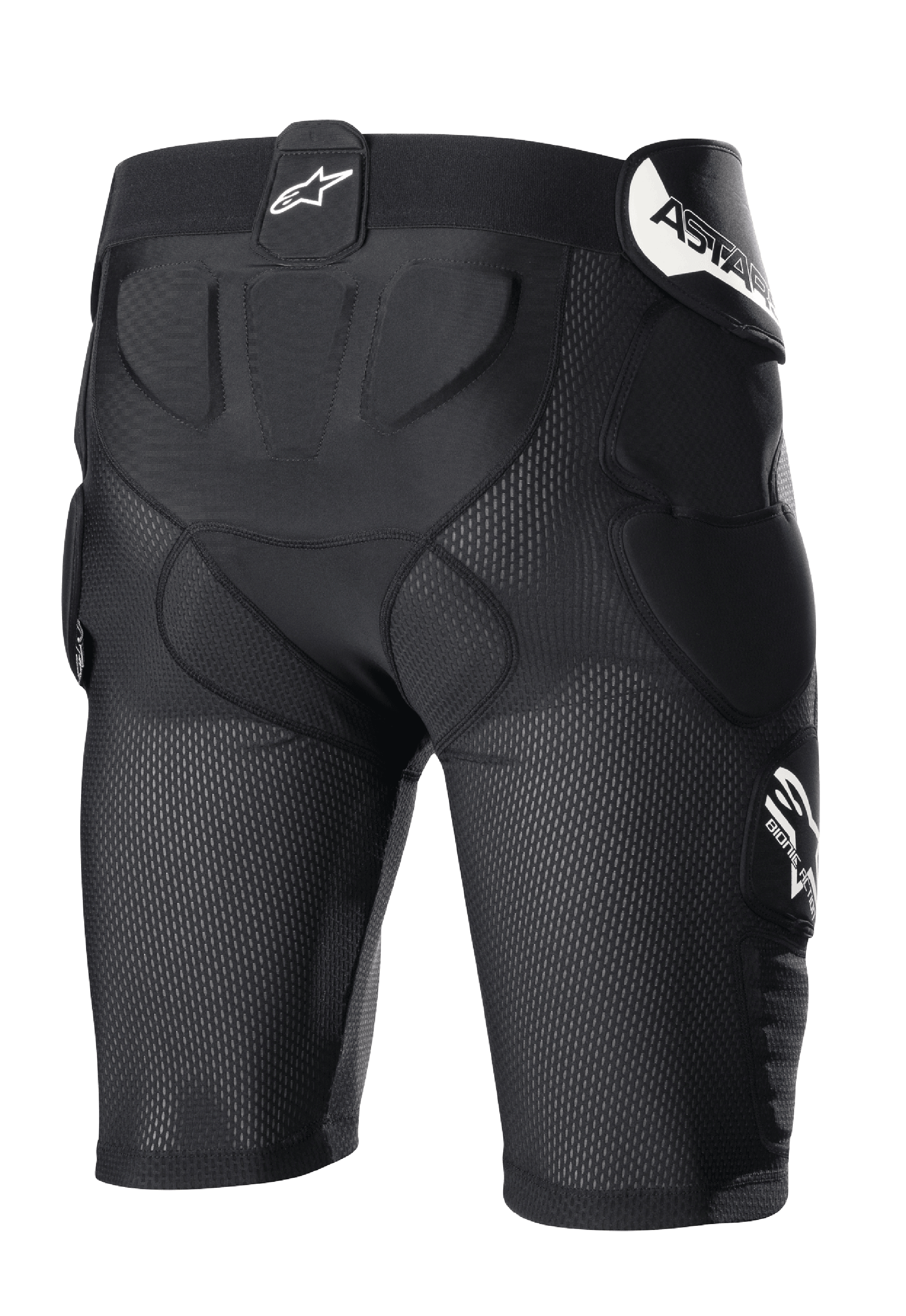 Alpinestars Bionic Action Protection Shorts, Black, motocross protective shorts with breathable mesh construction, integrated padding on hips and tailbone, featuring white branding on the waistband and side.