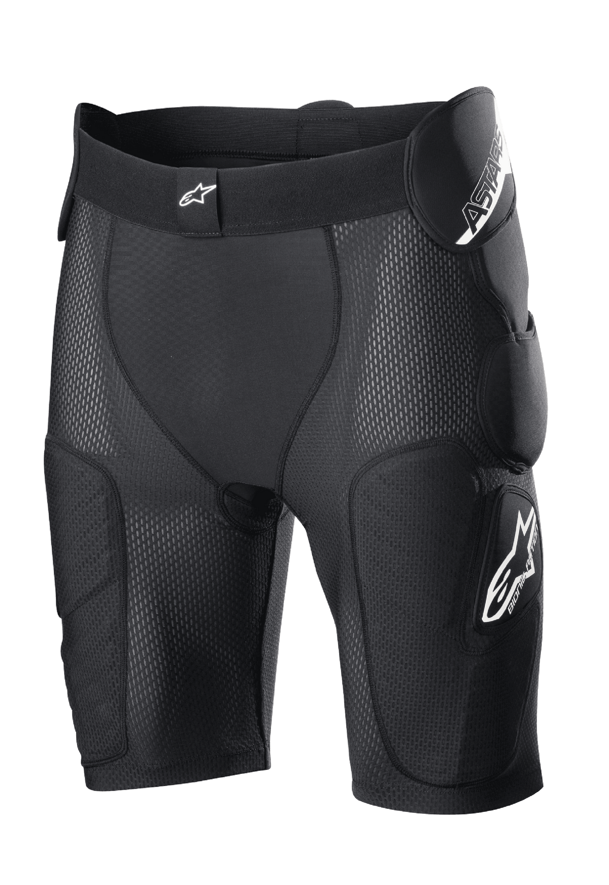 Alpinestars Bionic Action Protection Shorts, Black, featuring integrated hip and thigh padding, breathable mesh construction, elastic waistband with white logo, motocross and off-road protective gear