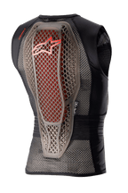 Alpinestars Nucleon Flex Pro Protection Vest, Motorcycle Body Armor, Transparent Smoke Red Black, Back view showing the hybrid Cell structure back protector with red accents, ventilated black mesh chassis, and ergonomic safety design
