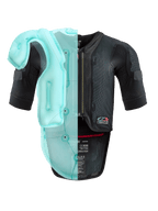 Alpinestars Tech-Air® 7X System, autonomous motorcycle airbag vest, black mesh chassis featuring a light blue translucent visualization of the internal airbag bladder, technical protective gear with short sleeves and integrated back protector