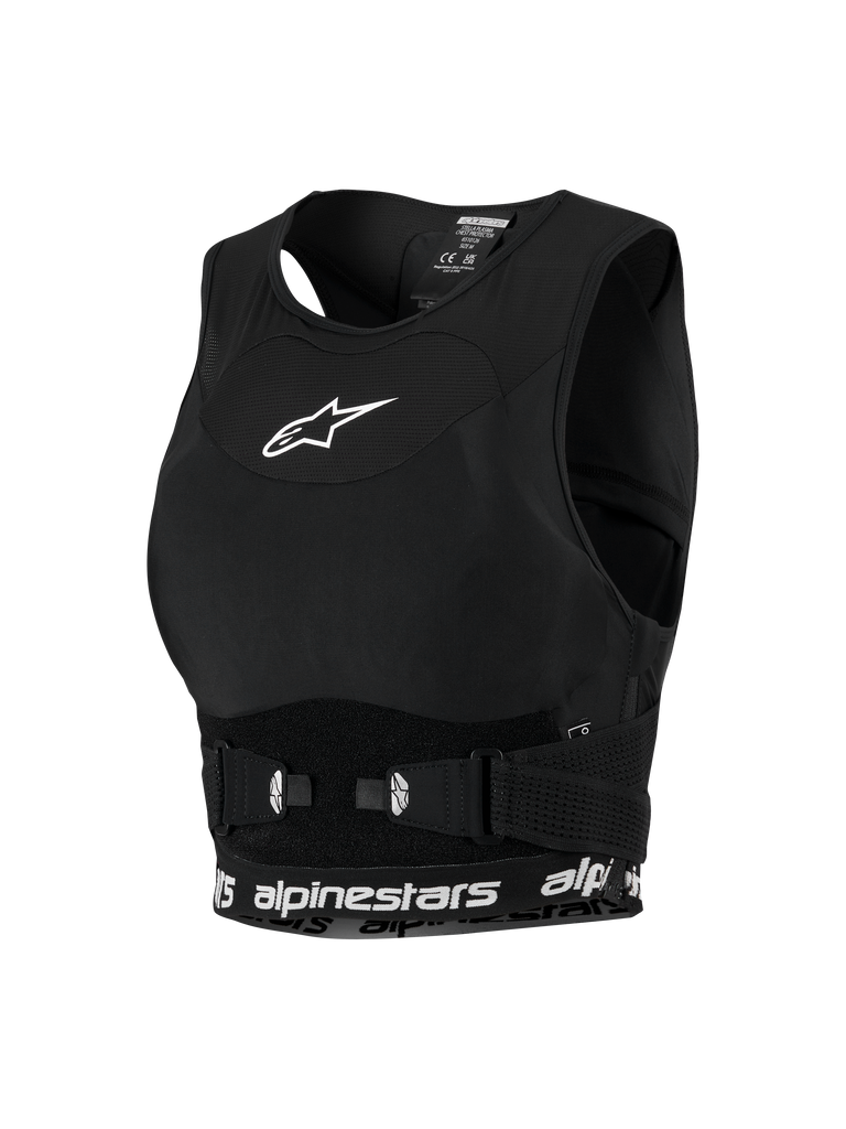 Alpinestars Woman Stella Plasma Chest Protector, Women's Motocross Gear, Black with White details, sports-bra style mesh chassis, featuring a white star logo on the chest and branded lower band, adjustable side buckles for a secure fit