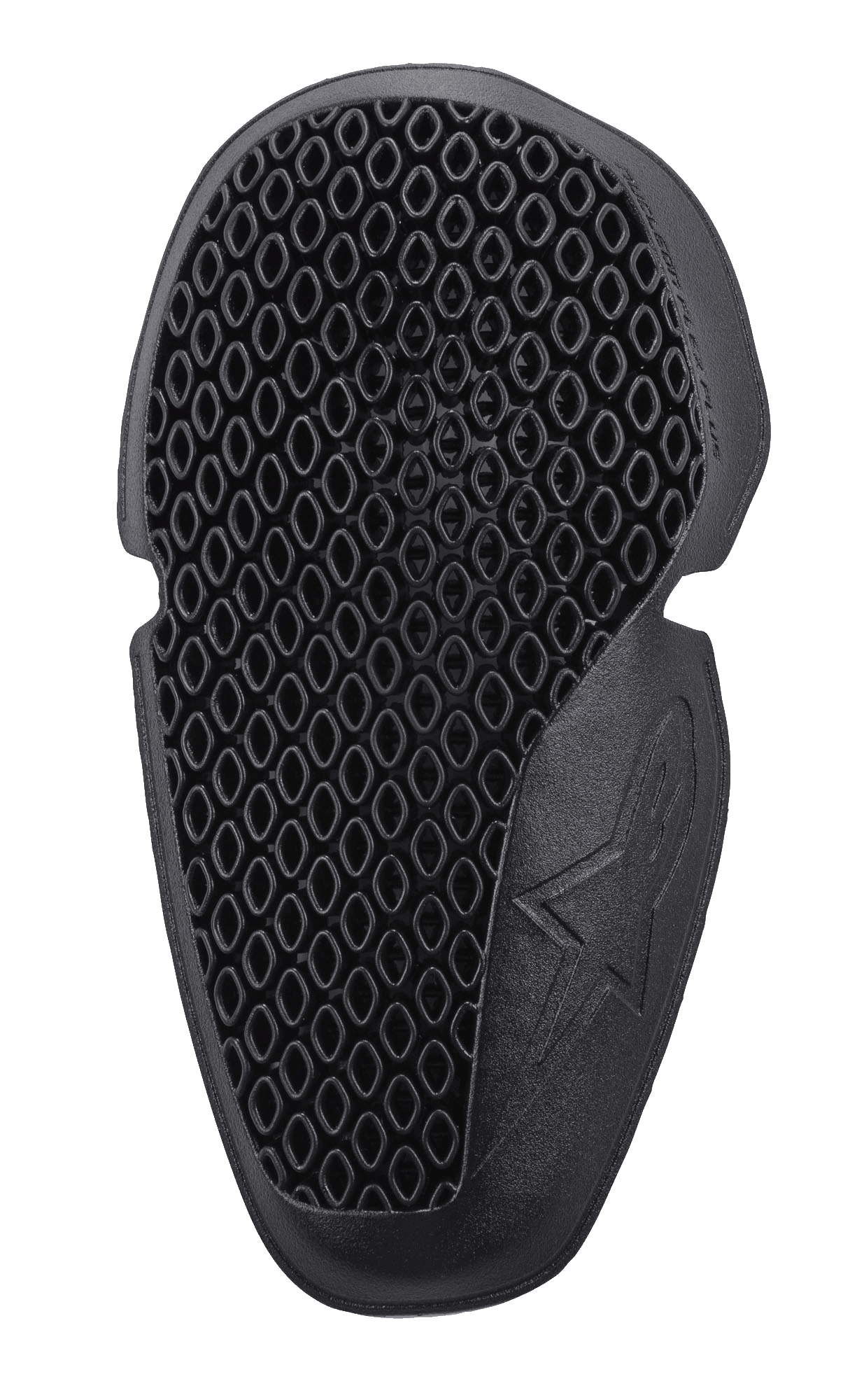 Alpinestars Nucleon Flex Plus Elbow Protectors, Black motorcycle armor insert, featuring an open cell honeycomb structure for ventilation, flexible ergonomic design with embossed star logo, CE Level 1 certified impact protection gear