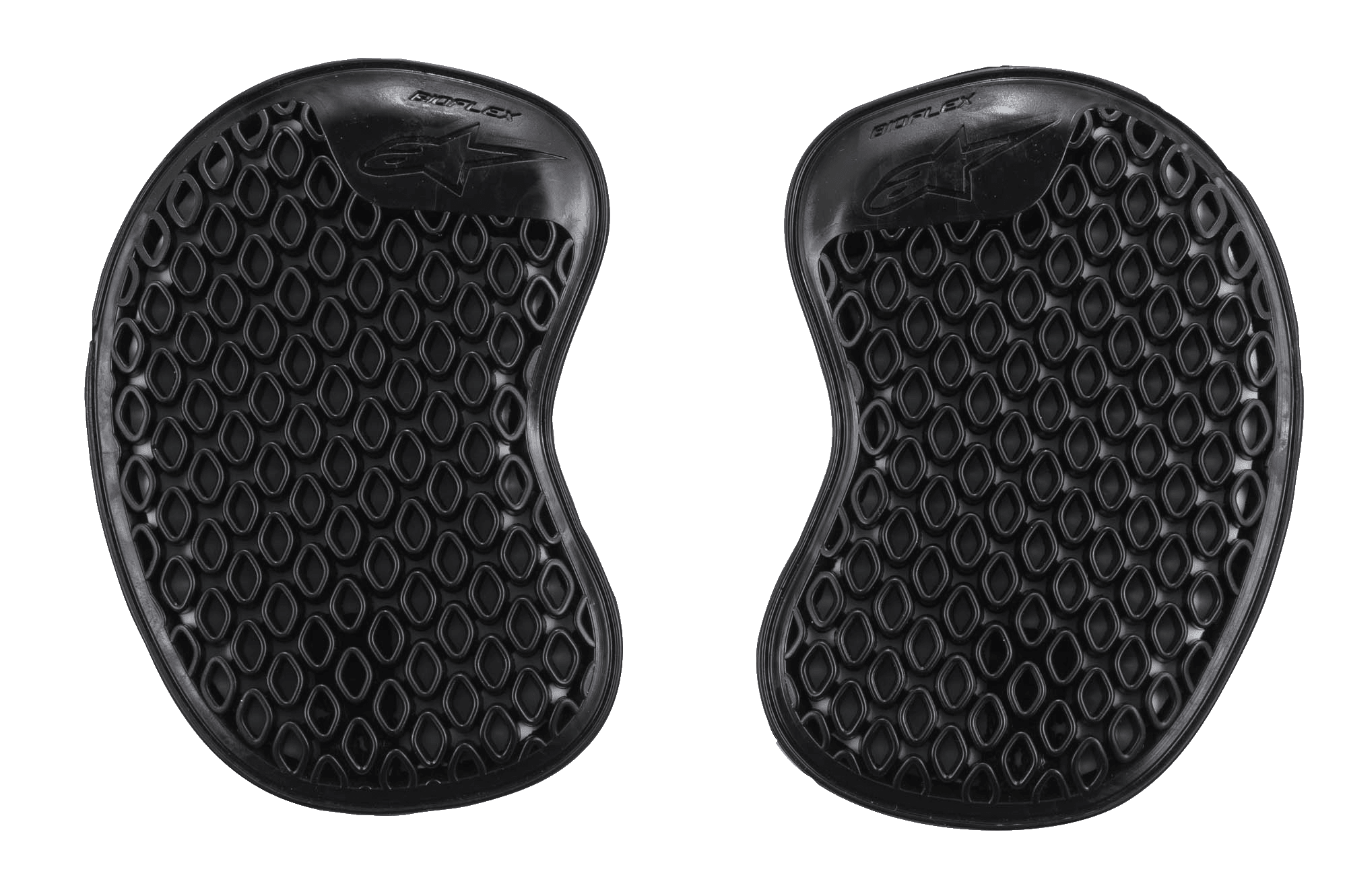 Alpinestars Bioflex Hip Protectors, Black, pair of motorcycle hip armor inserts featuring a ventilated honeycomb cell structure, slim ergonomic shape for a discreet fit, adaptive impact protection pads.