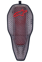 Alpinestars Nucleon Flex Proi Full Back Protector Insert, Transparent Smoke Red, smoke gray hexagonal cell structure with red inner core, red Alpinestars logo at the top, ergonomic elongated shield shape, highly ventilated motorcycle protection gear