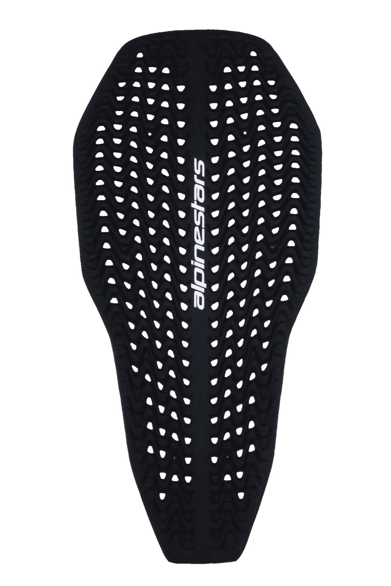Alpinestars Nucleon Plasma Full Back Protector Insert, Motorcycle Back Protector, Black, featuring a perforated wavy texture for ventilation, white vertical Alpinestars logo, slim and flexible contoured design