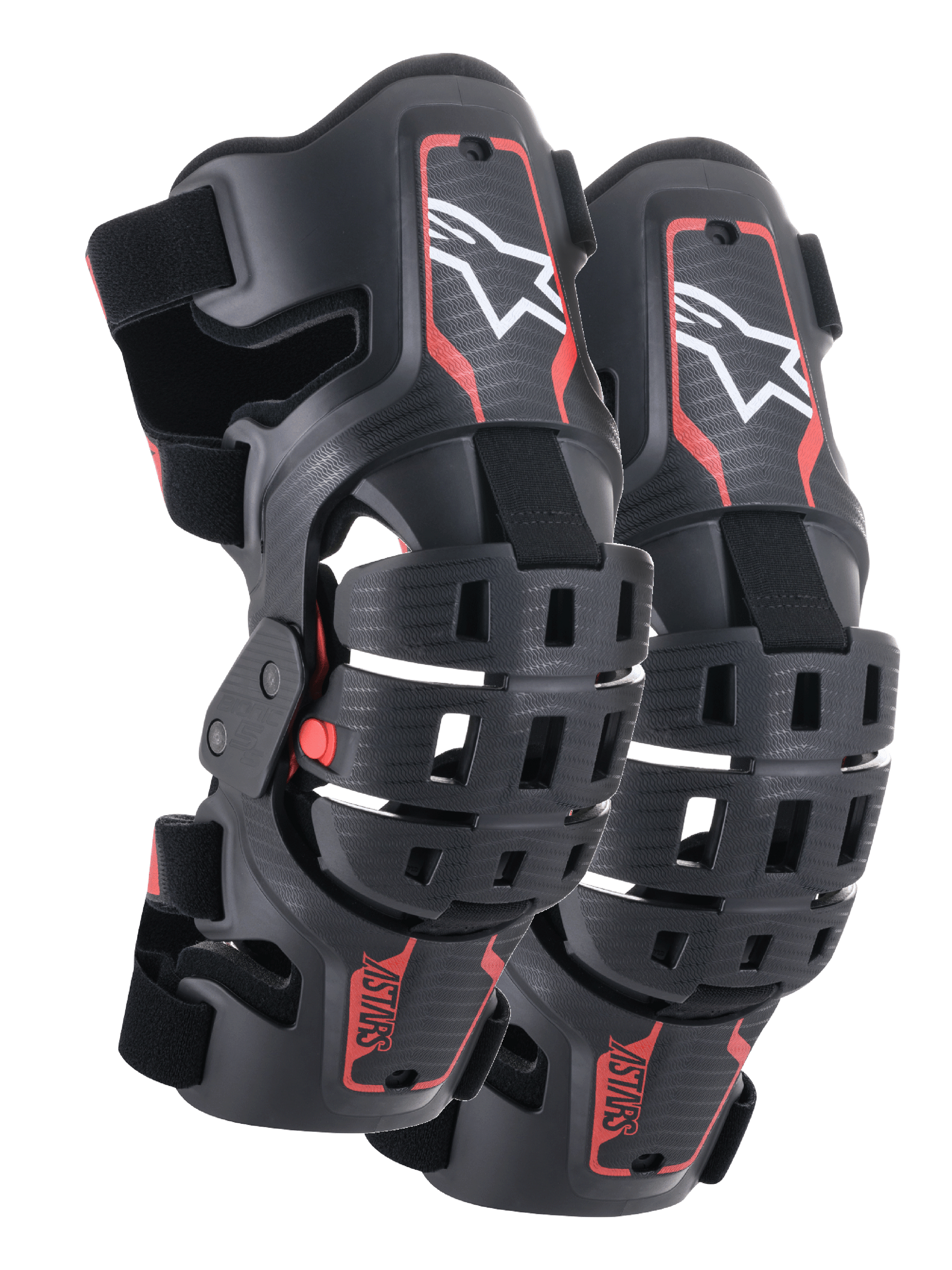 Alpinestars Youth Bionic 5S Knee Braces, Motocross Knee Protection, Black and Red, pair of protectors featuring a hybrid frame design with ventilated shells, white Astar logo on the upper section, red ASTARS branding on the lower section, and adjustable black straps for a secure fit.