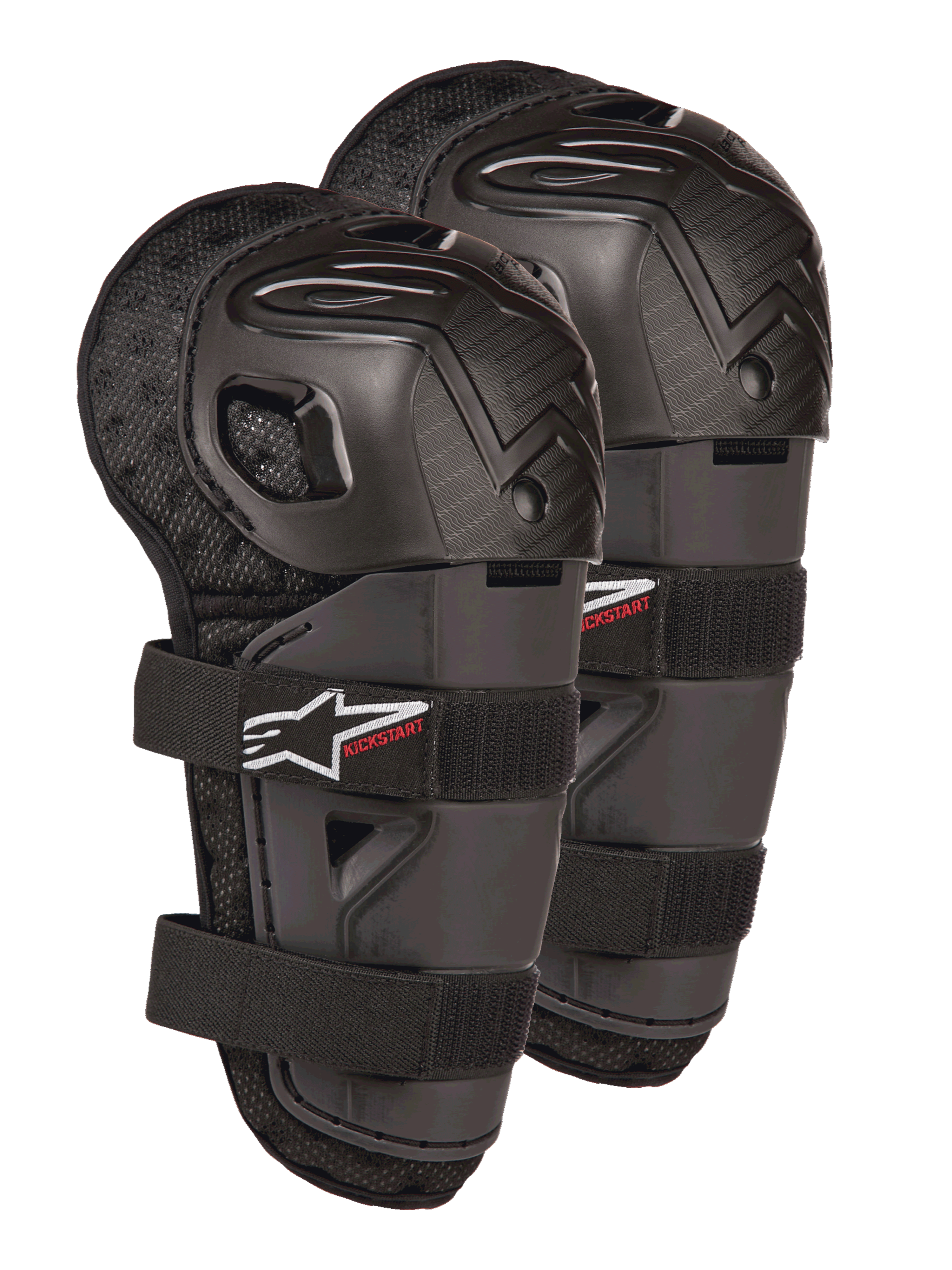 Alpinestars Bionic Action Kickstart Knee Guards, Youth Motocross Knee and Shin Protectors, Black with Red KICKSTART logo, articulated plastic shell and double elasticated straps, protective gear for young off-road riders