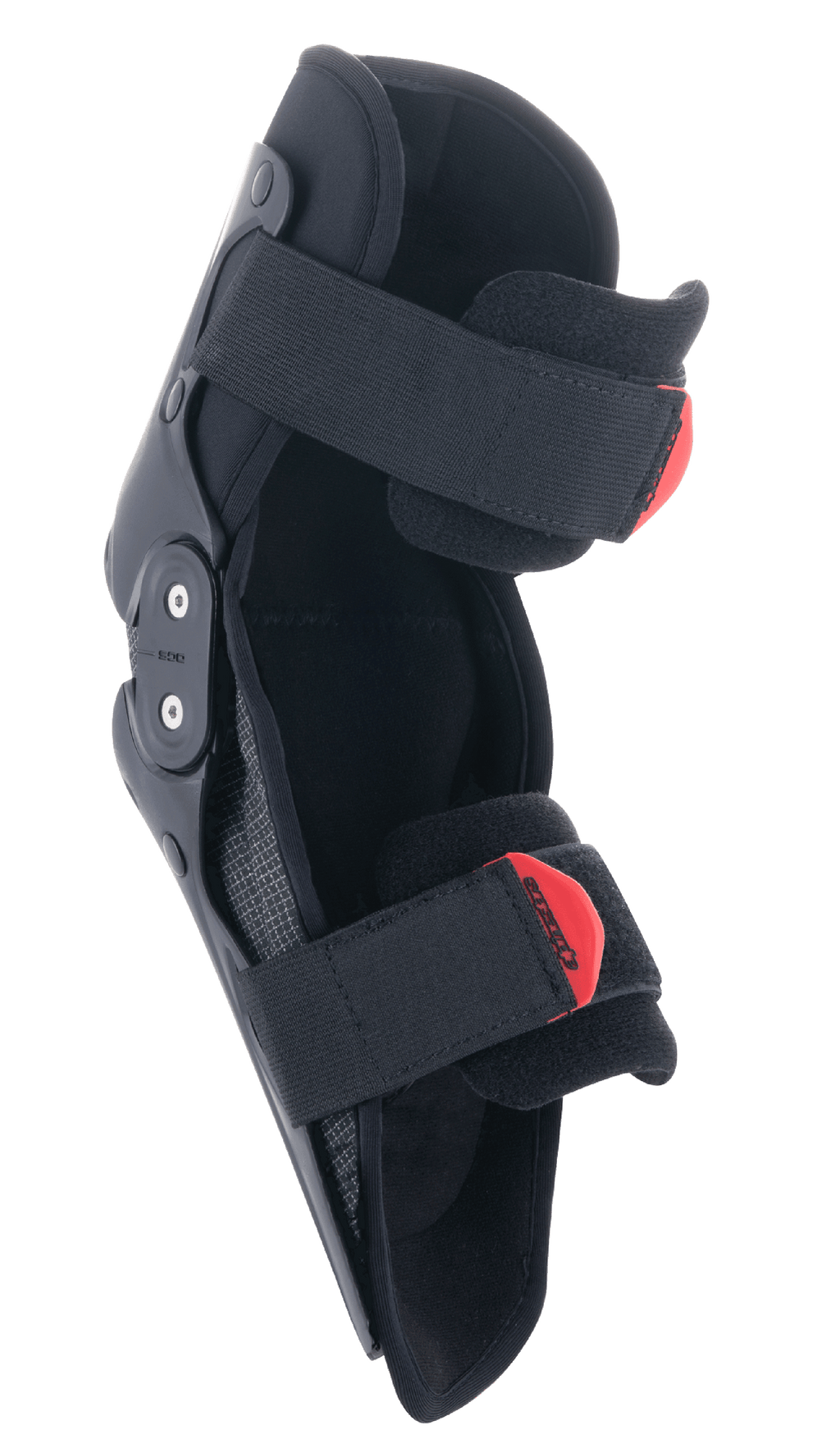 Alpinestars Youth SX-1 Knee Protector, Motocross Knee Guard, Black and Red, featuring a dual pivot hinge system and adjustable dual strap system with red pull-tabs, lightweight and durable protection for young off-road riders.