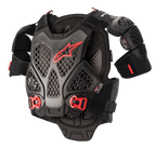 Alpinestars A-6 Chest Protector, Motocross Body Armor, Black Anthracite and Red, featuring honeycomb Cell technology plates, red Alpinestars logo, adjustable red quick-release buckles, and removable shoulder protectors