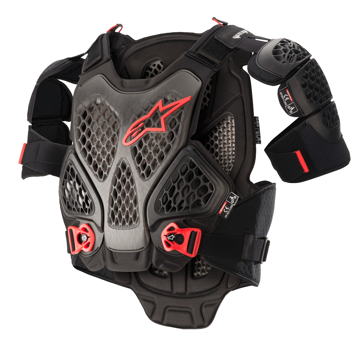 Alpinestars A-6 Chest Protector, Motocross Body Armor, Black Anthracite and Red, featuring honeycomb Cell technology plates, red Alpinestars logo, adjustable red quick-release buckles, and removable shoulder protectors