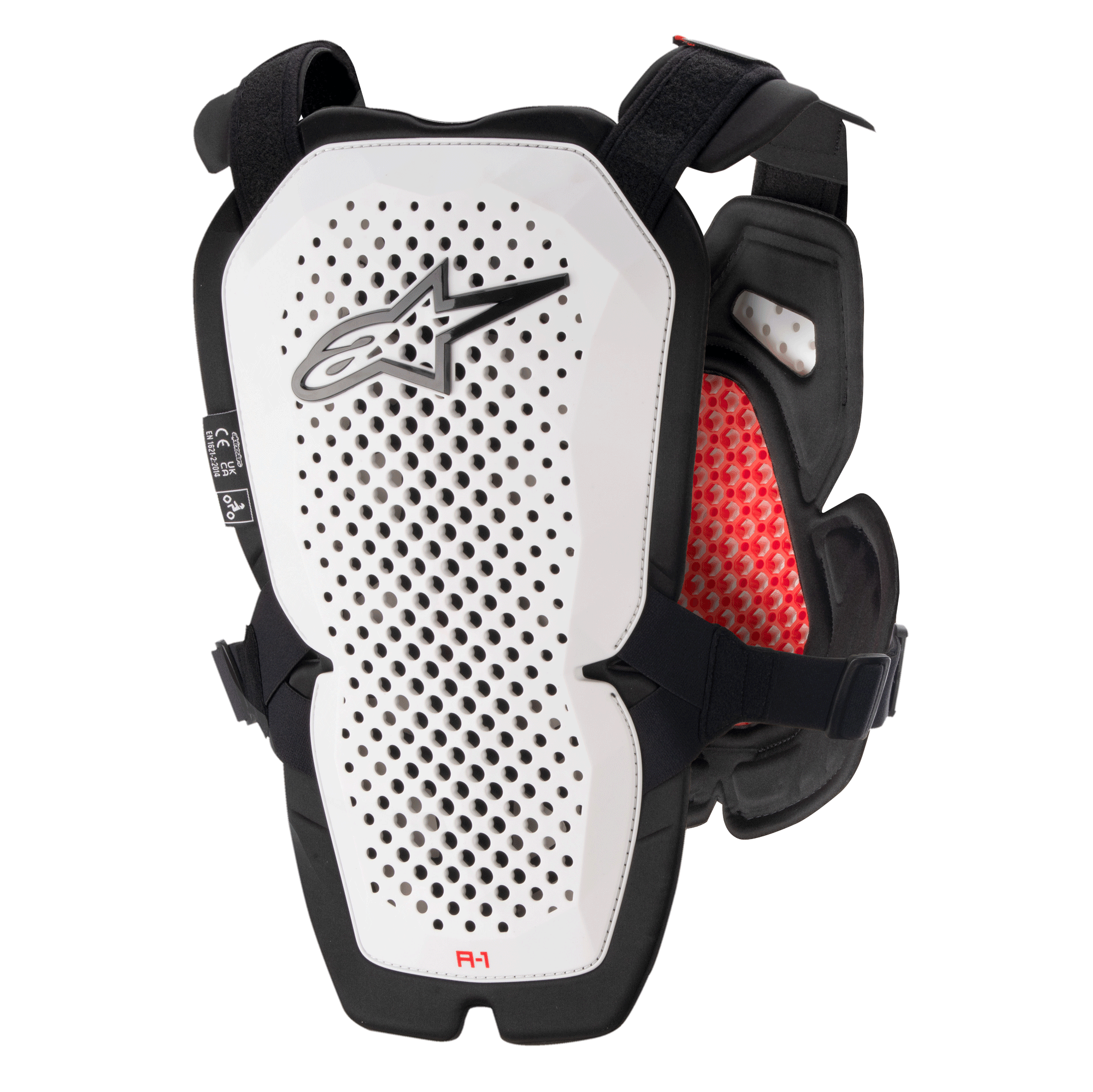 Alpinestars A-1 Pro Chest Protector, White and Black with Red accents, perforated back panel for ventilation, red honeycomb interior padding, lightweight motocross protective gear