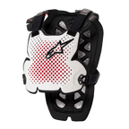Alpinestars A-1 Pro Chest Protector, Motocross Body Armor, White Black and Red, featuring perforated ventilation with red interior, black star logo, adjustable black straps, lightweight protective padding for off-road racing