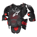 Alpinestars A-10 V2 Full Chest Protector, Motocross Body Armor, Anthracite Black and Red, featuring a perforated chest plate with white Alpinestars logo, adjustable shoulder pads, and red impact-resistant buckles, protective gear for off-road racing